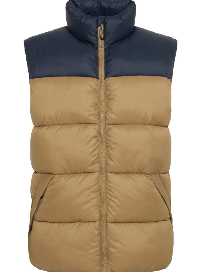 PUFFER VEST  - MOCHA WITH DARK BLUE