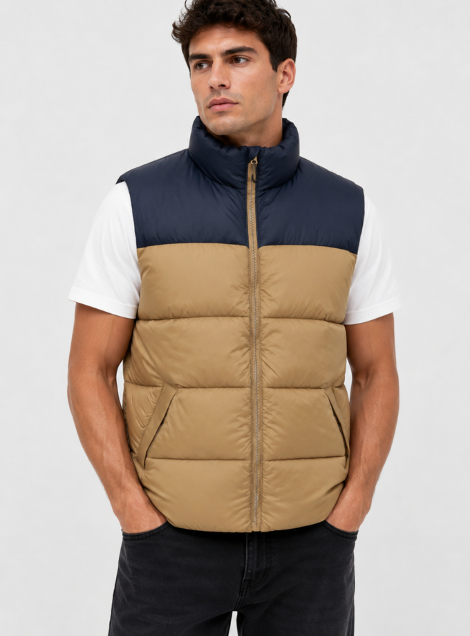 PUFFER VEST - MOCHA WITH DARK BLUE