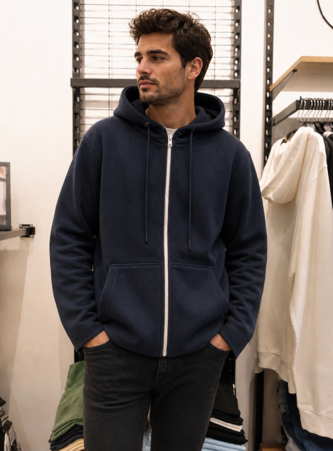 FLEECE HOODIED JACKET - DARK BLUE