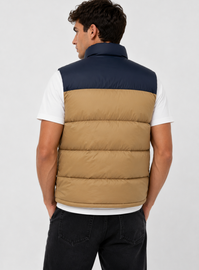 PUFFER VEST - MOCHA WITH DARK BLUE