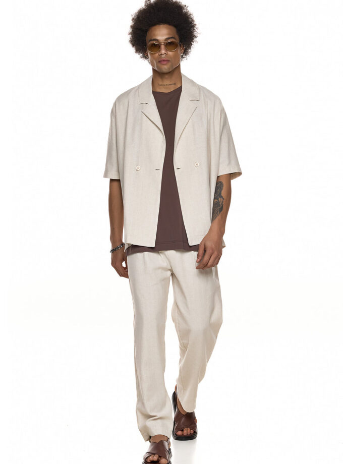 TEXTURED DOUBLE - BREASTED SHORT - SLEEVE SHIRT – ECRU