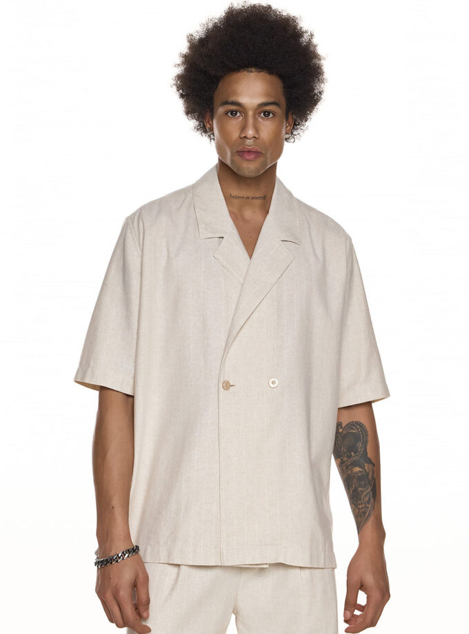 TEXTURED DOUBLE - BREASTED SHORT - SLEEVE SHIRT –  ECRU