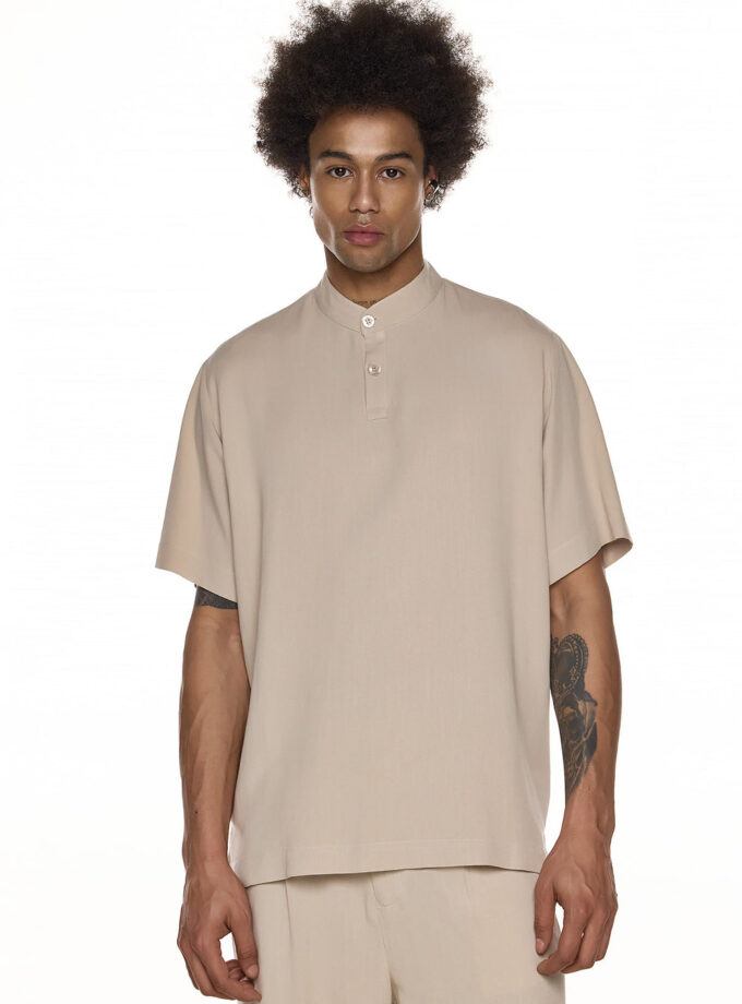 SHORT SLEEVE BLOUSE WITH COLLAR AND BELT – BEIGE(EXCLUSIVE ONLINE)