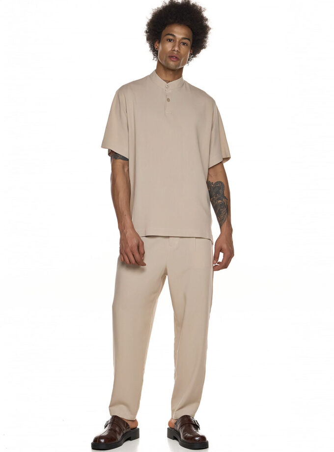 SHORT SLEEVE BLOUSE WITH COLLAR AND BELT – BEIGE(EXCLUSIVE ONLINE)