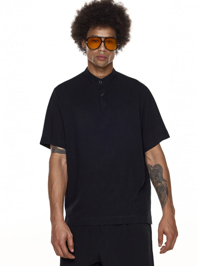 SHORT SLEEVE BLOUSE WITH COLLAR AND BELT – BLACK (EXCLUSIVE ONLINE)