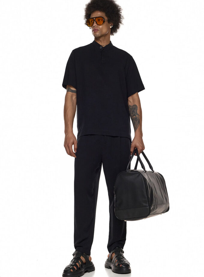 SHORT SLEEVE BLOUSE WITH COLLAR AND BELT – BLACK (EXCLUSIVE ONLINE)