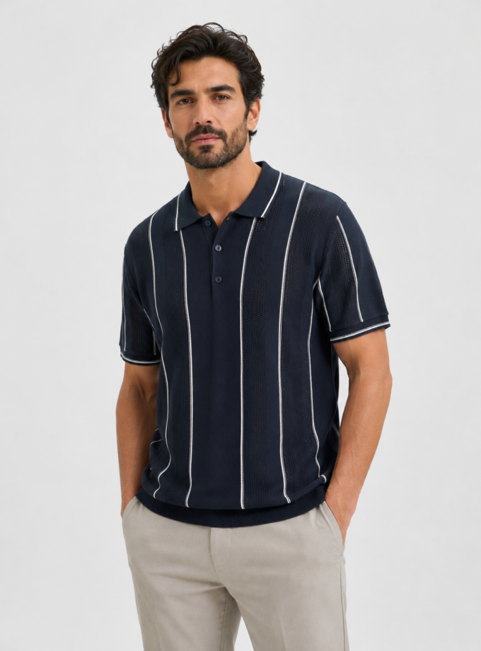 SHORT SLEEVE KNITTED POLO - DARK BLUE