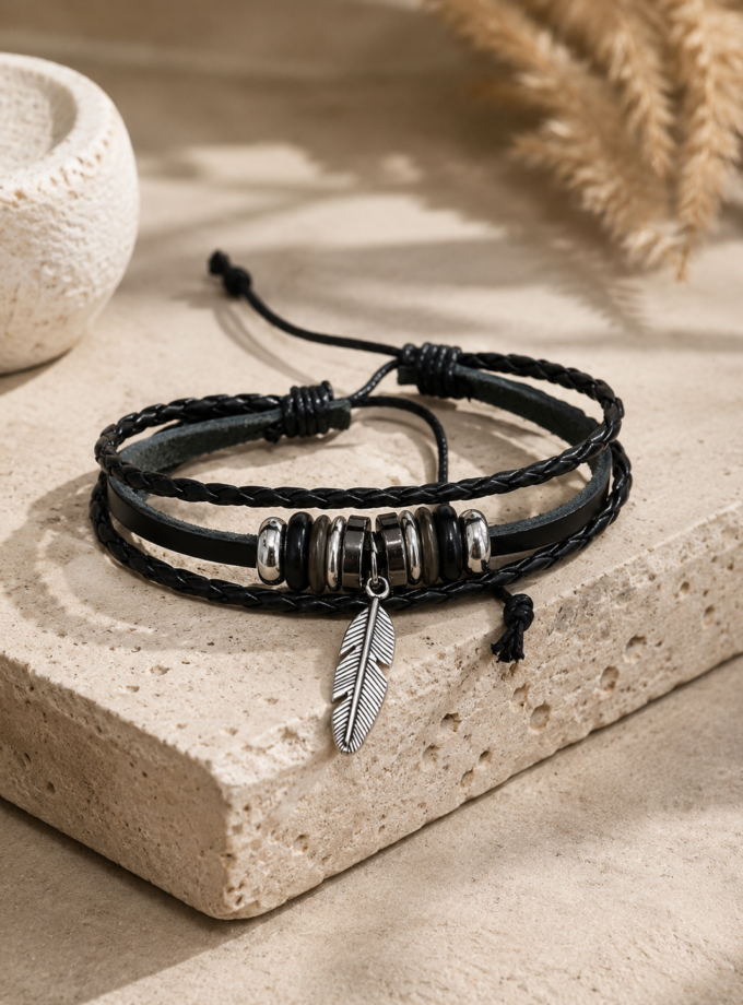 LAYERED LEATHER BRACELET WITH FEATHER