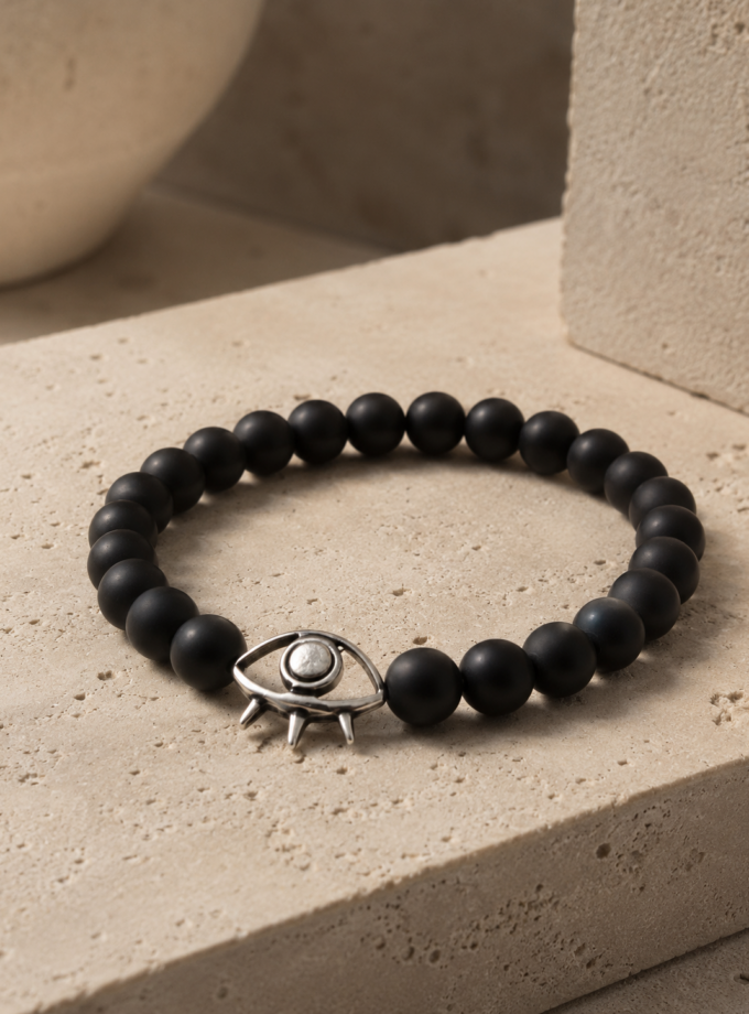 MATTE BLACK BEADED BRACELET WITH EYE CHARM