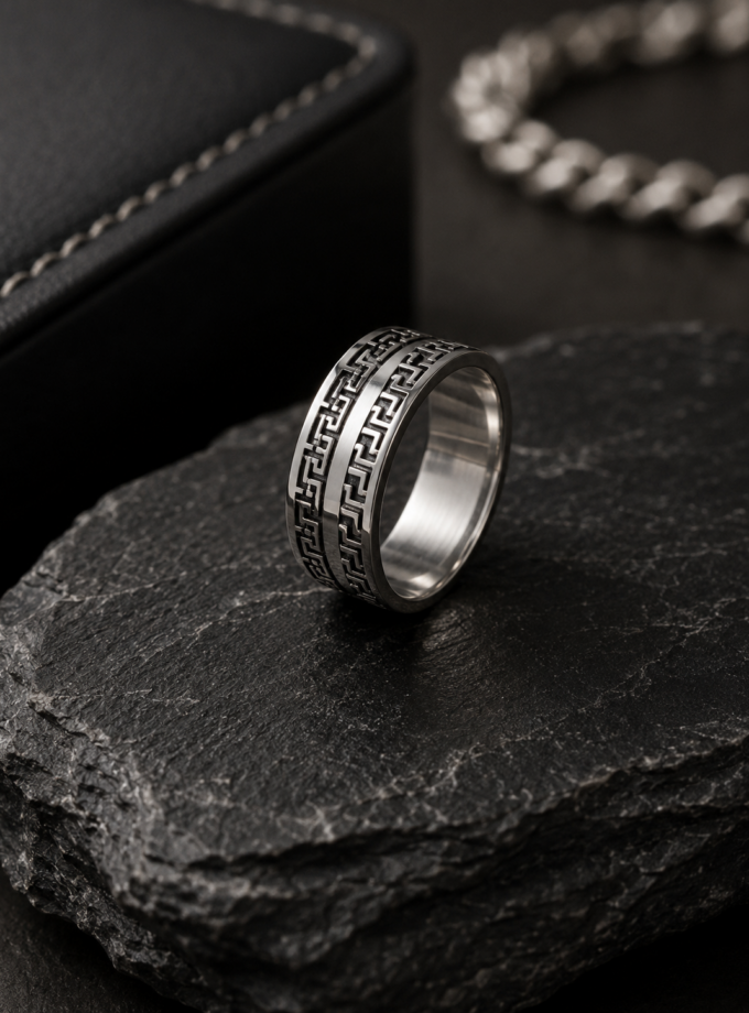 STAINLESS STEEL GREEK PATTERN RING
