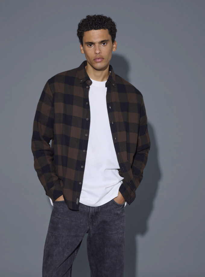 CHECKED LONG SLEEVE SHIRT - BROWN