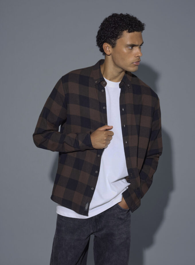 CHECKED LONG SLEEVE SHIRT - BROWN
