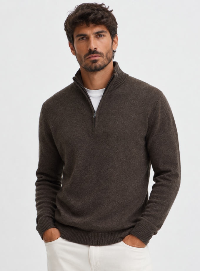 KNITTED SWEATER WITH ZIP NECK - BROWN