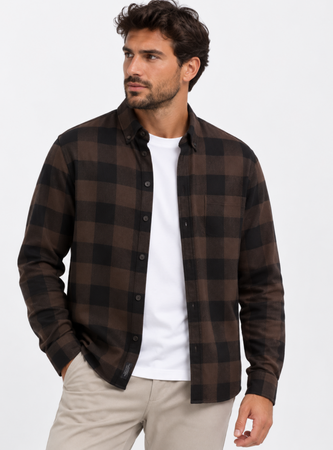 CHECKED LONG SLEEVE SHIRT - BROWN